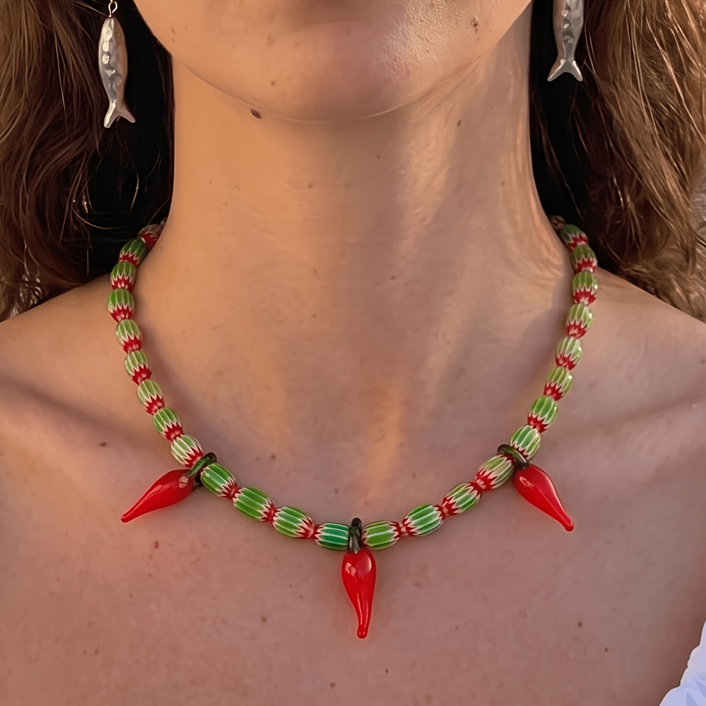 Women's Ceramic Mixed Beaded Chili Pepper Necklace